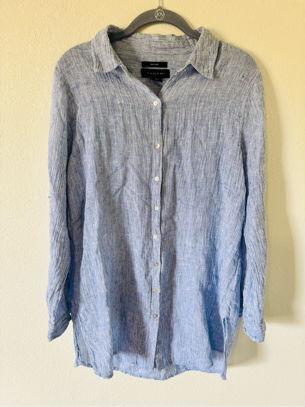 Tahari Women’s Blue 100% Linen Button-Up Light Blue Shirt Size Small